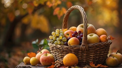A beautifully arranged fresh juicy fruits bursting with autumn basket.
