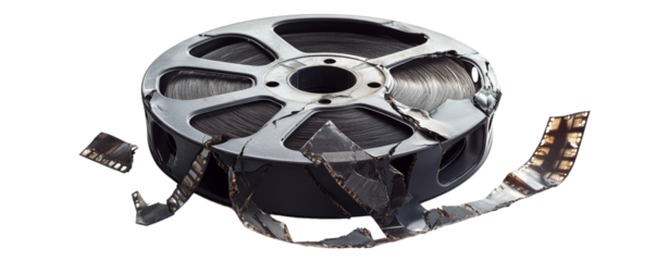 Close-up of an old, damaged film reel with torn tape, ideal for themes related to vintage cinema, film history, and media artifacts.