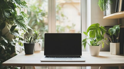 Fototapeta premium A modern workspace featuring a laptop on a desk surrounded by potted plants, creating a serene and productive environment.