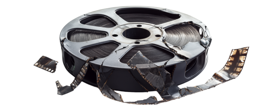 Close-up of an old, damaged film reel with torn tape, ideal for themes related to vintage cinema, film history, and media artifacts.