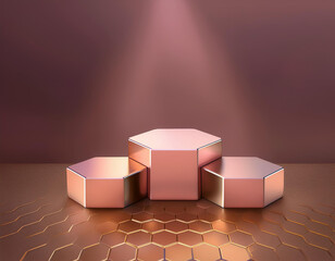 3 hexagons podium 3 level The surface has a sleek, metallic or glossy texture 3D backgrounds 