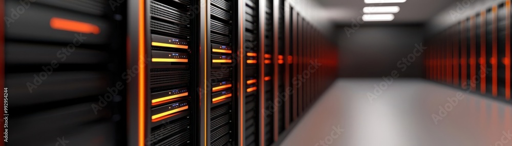 Poster server room with illuminated servers, showcasing modern technology and efficient data storage soluti