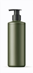 Minimalist green plastic pump bottle for liquid storage on white background, perfect for cosmetics, lotion, or shampoo packaging.