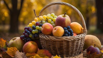 A rustic basket overflowing with a vibrant mix of juicy fruits set against a warm earthy background