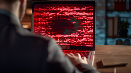 A business manComputer screen showing red ransomware warning message in home office setting