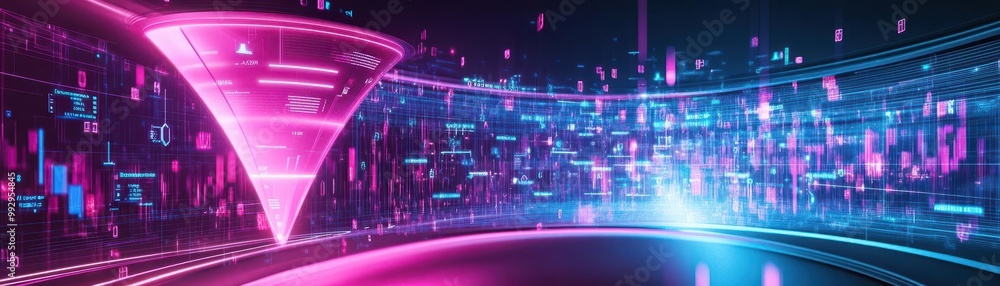 Poster futuristic sales funnel with ai-enhanced customer journey maps projected on curved digital screens, 