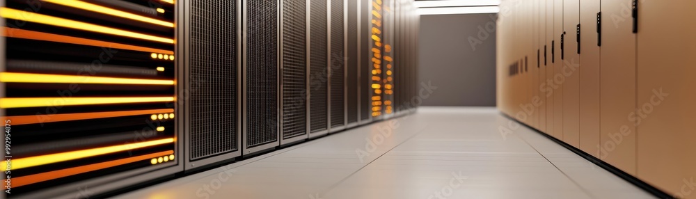 Poster a modern data center interior showcasing rows of server racks and storage units, emphasizing technol