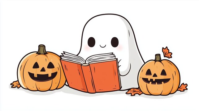 Cute ghost reading a book surrounded by carved pumpkins during Halloween celebration
