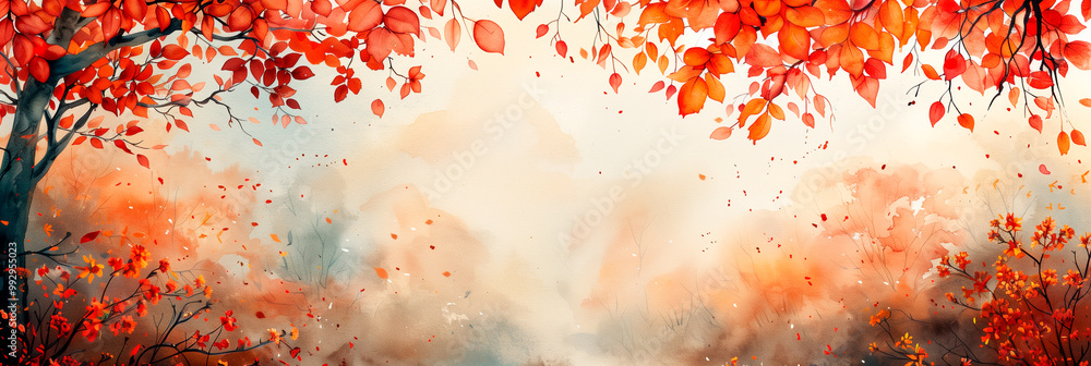 Wall mural a long panorama on a white background of a row of colorful trees, leaves in a warm forest landscape 