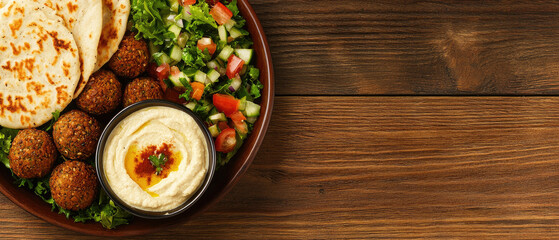 delicious Middle Eastern dish with falafel balls, hummus topped with olive oil, pita bread, and a colorful vegetable salad