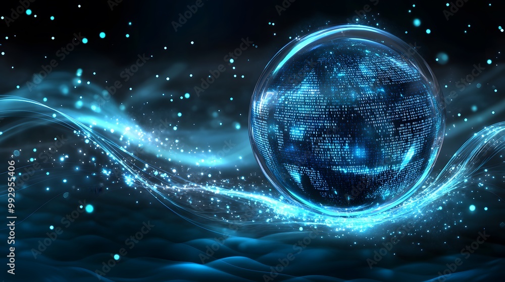 Poster glowing blue sphere with binary code surrounded by abstract waves and sparkles