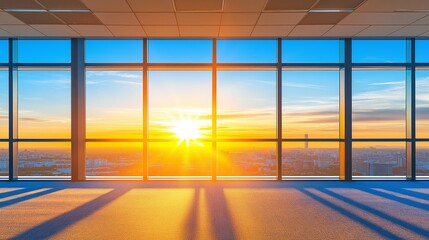 Fototapeta premium Sunset Through Office Windows with Panoramic City View, Sustainable Architecture, Energy Efficiency, Modern Urban Workspace, Natural Lighting