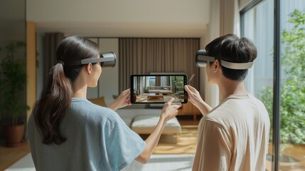 Asian couple using augmented reality to visualize furniture arrangement in a bright minimalist living room