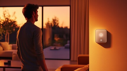 Fototapeta premium A man interacts with a smart home panel in a warm, contemporary living room during an evening setting