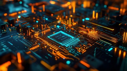 A close-up of a glowing circuit board with a central processor.