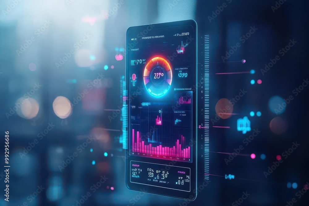 Poster Futuristic weather app interface, glowing holographic temperature data, sleek design
