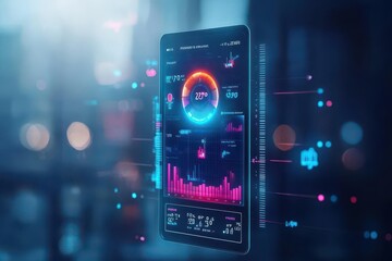 Futuristic weather app interface, glowing holographic temperature data, sleek design