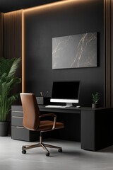 Fototapeta premium A sleek, modern home office featuring a stylish desk, ergonomic chair, and minimalistic decor with a touch of greenery.