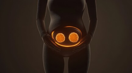 An animated illustration showing the stages and details of anangelical woman's belly with two round glowing orange cells in her stomach, representingbrain or Et Codye emerging 