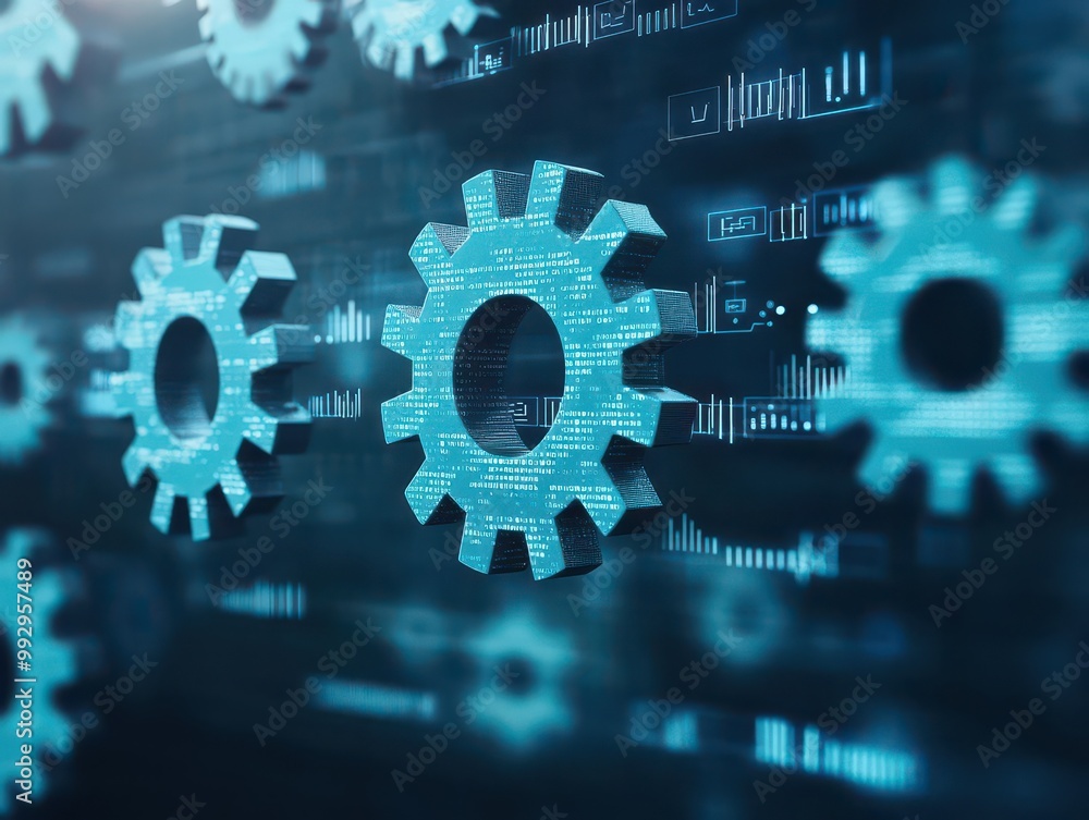 Poster gears transitioning into digital data streams, concept of digital transformation, 3d illustration