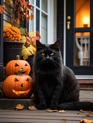 Obraz premium Black cat sitting next to pumpkins on the home porch, Halloween or Friday the 13th concept.
