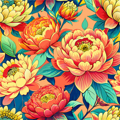 Vibrant floral pattern of peonies in full bloom with colorful leaves and blossoms, perfect for wallpaper, textiles, or vintage cards