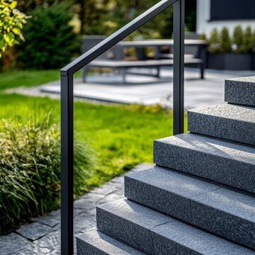 Modern outdoor staircase with metal railing leading to a landscaped backyard with greenery, stone pavement, and outdoor furniture.