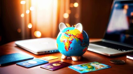 Piggy bank shaped like a globe with passports, credit cards, and a laptop on a wooden table. - Powered by Adobe