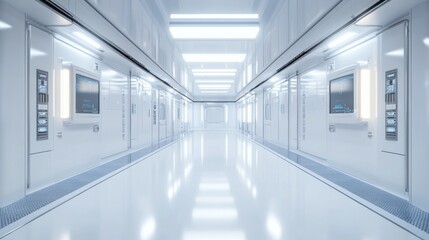 A sleek, futuristic corridor with white walls and illuminated panels.