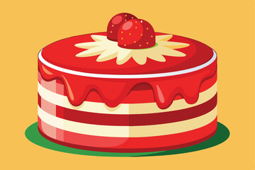 A vibrant red velvet cake with cream layers and decorated with strawberries sits against a warm backdrop, Customizable red velvet cake illustration.
