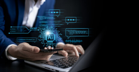 Businesswomen use smartphone connecting network Artificial intelligence AI circuit boards, network internet online, AI generates chatbot automation, ML, innovation futuristic technology concept.
