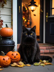 Obraz premium Black cat sitting next to pumpkins on the home porch, Halloween or Friday the 13th concept.