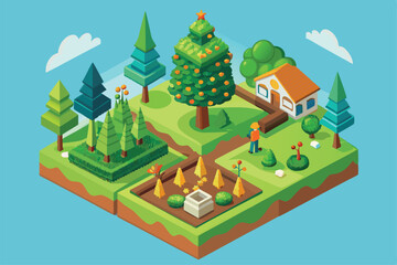 This isometric illustration depicts a lush setting with reforestation and gardening being prioritized, Customizable reforestation illustration in isometric style.