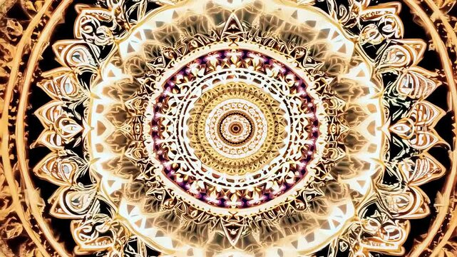A stunning golden mandala unfolds with intricate patterns and symmetrical designs, showcasing artistry against a black backdrop
