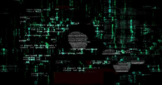 Hacker, laptop and coding overlay of language for data transfer, binary code and programming security of scam. Cyberpunk, pattern and cloud computing for malware virus, network system and AI software