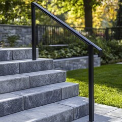 Outdoor stone steps with black metal railing, surrounded by lush greenery and sunlight filtering through trees. Modern garden landscape design.