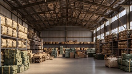 A spacious warehouse filled with neatly stacked goods and storage materials.
