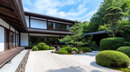 A serene Japanese-style garden surrounding a modern home, featuring lush greenery, carefully manicured shrubs, and a peaceful stone pathway under a bright blue sky.