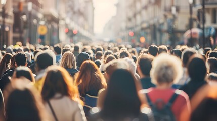 Crowded urban street scene with diverse faces representing various age groups and ethnicities, symbolizing demographic diversity and multiculturalism, with ample copy space for text or design elements