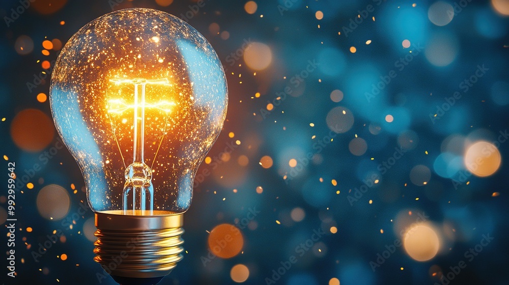 Aufkleber a glowing light bulb emits warm light against a blue background, creating a magical atmosphere with 