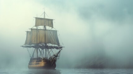 Fototapeta premium Ship Sailing. Vintage Wooden Tall Ship Setting Sail in Foggy Ocean