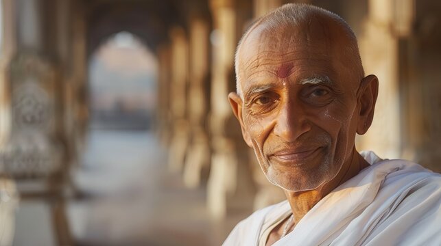 Softly smiling Jain monk, wearing modest white robes, with a serene temple courtyard background that conveys deep themes of asceticism and inner tranquility