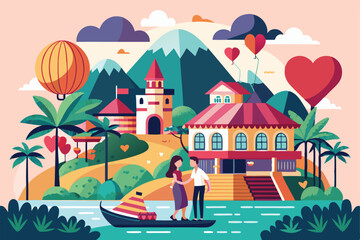 A couple enjoys a romantic moment by the riverside amidst hills, palm trees, and colorful balloons, Customizable romantic getaway illustration is disproportionate.