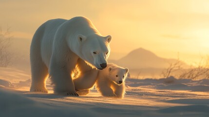 Polar bear mother and cub walking together in snow at sunset, with mountain in background, showcasing natural beauty and wildlife.
