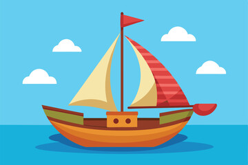 Fototapeta premium A vibrant cartoon sailboat with colorful sails and a calm blue ocean under fluffy clouds, Customizable sailboat cartoon illustration.