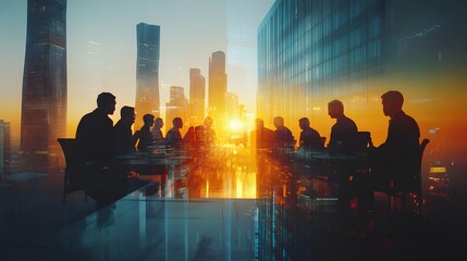 Double exposure image of many business people conference group meeting on city office building in background showing partnership success of business deal. Concept of teamwork, trust and agreement. 
