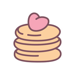 Cute pancakes icon. Hand drawn illustration of a stack of pancakes with decorated with a little heart isolated on a white background. Kawaii St. Valentine day sticker. Vector 10 EPS.