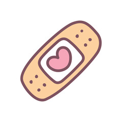 Cute medical aid patch icon. Hand drawn illustration of a medical plaster decorated with a little heart isolated on a white background. Kawaii St. Valentine day sticker. Vector 10 EPS.