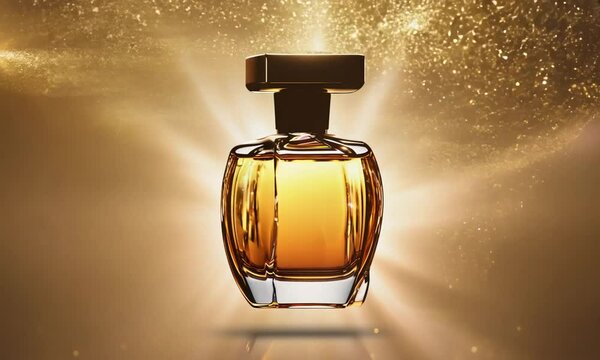 A bottle of perfume on a golden background.