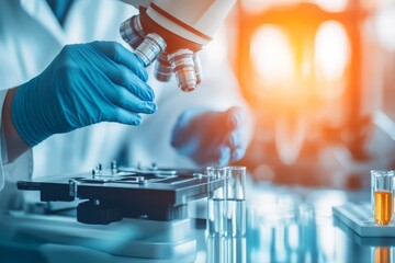 Scientist analyzing samples with a microscope in a laboratory. Focus on hands with gloves handling the equipment under bright lighting.